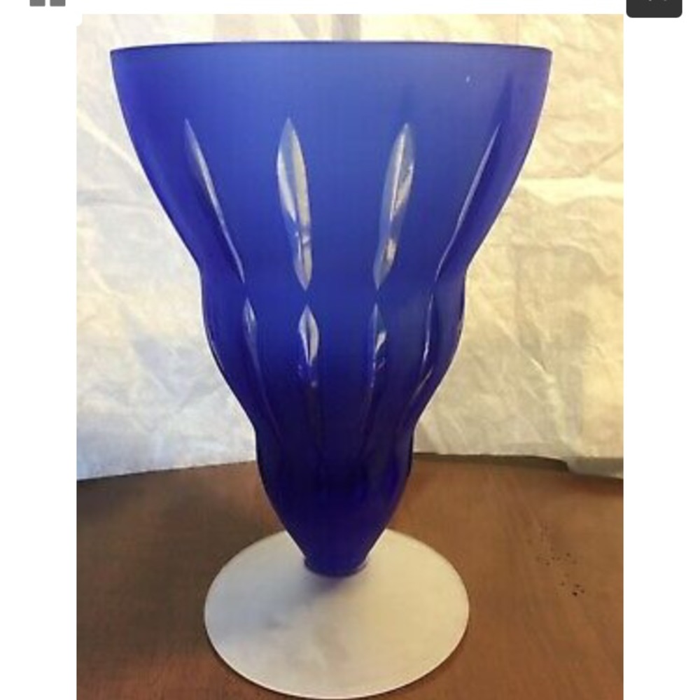 SASAKI Cobalt Blue and Cut to Clear Vase. Handmade Never used. Sasaki sticker